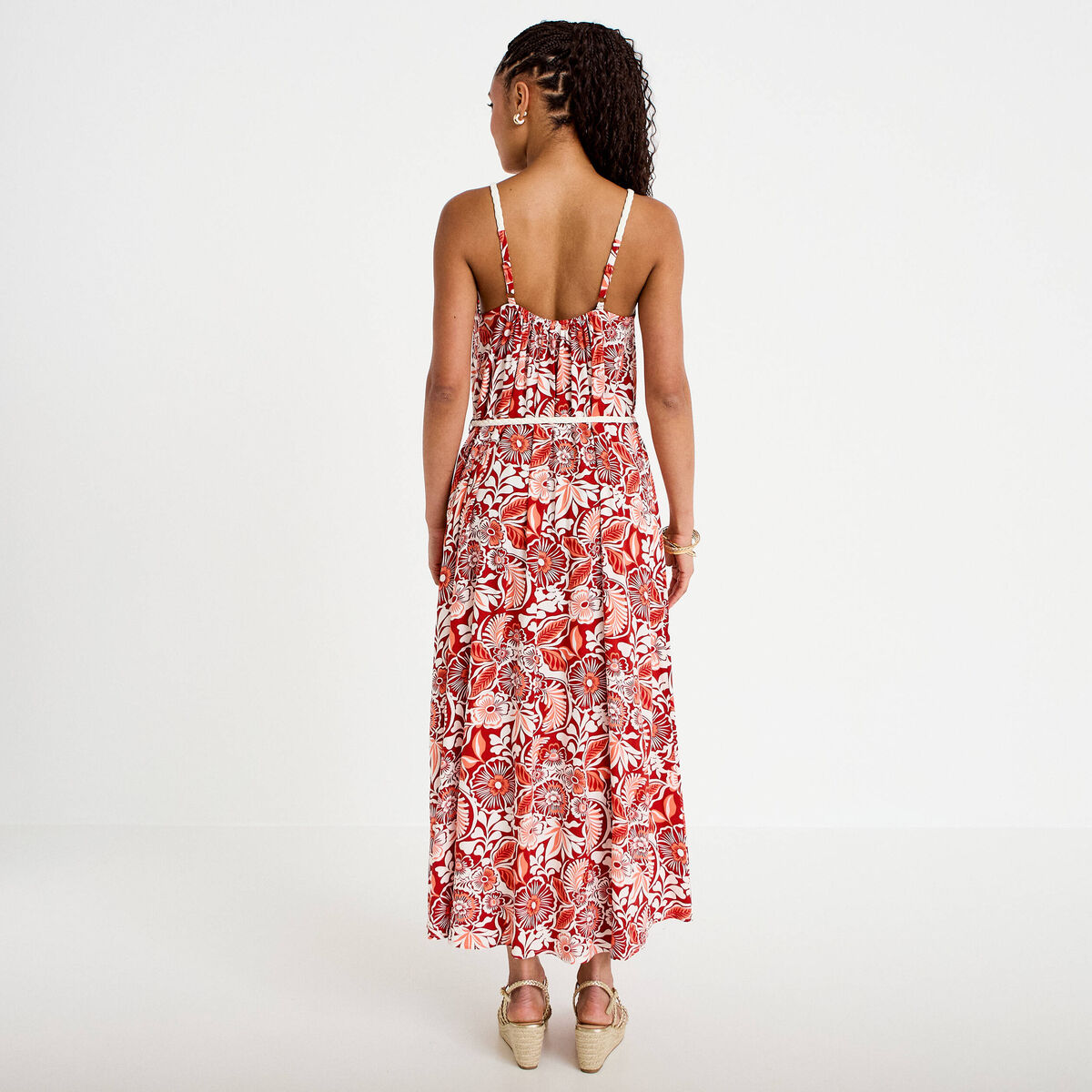 Robe longue &eacute;vas&eacute;e bretelles fines rouge femme