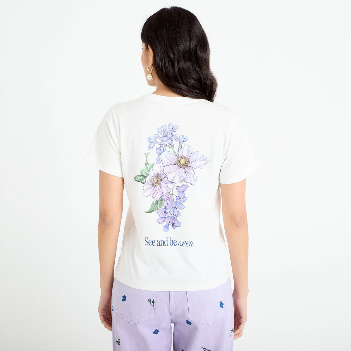 T-shirt imprim&eacute; fleurs Bridgerton ecru femme