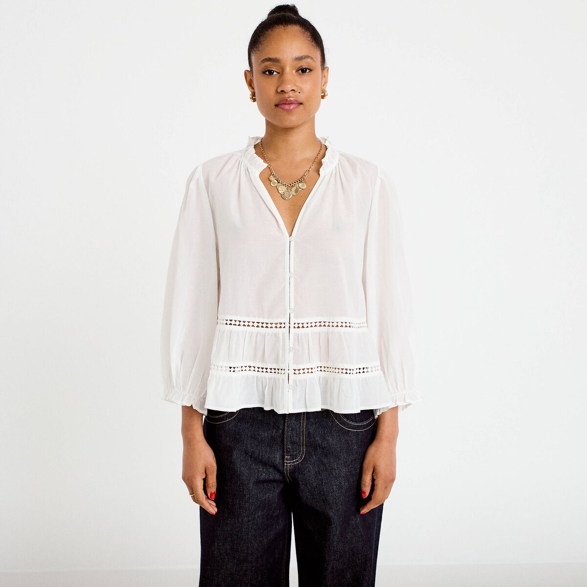 Blouse cintr&eacute;e col v manches 3/4 ecru femme