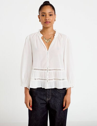 Blouse cintr&eacute;e col v manches 3/4 ecru femme