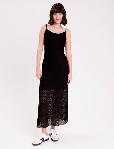 Robe longue droite col b&eacute;nitier dentelle noir femme