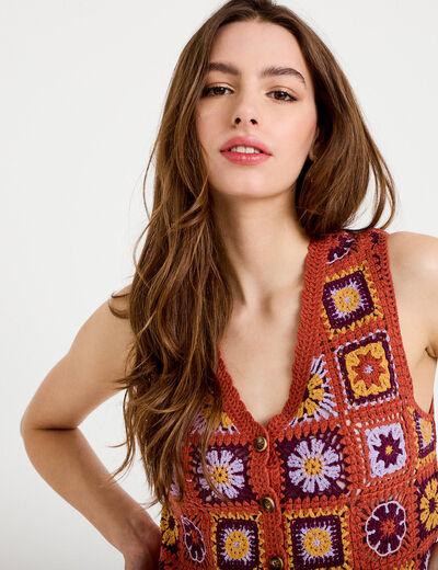 Gilet sans manches macram&eacute; vieux rose femme