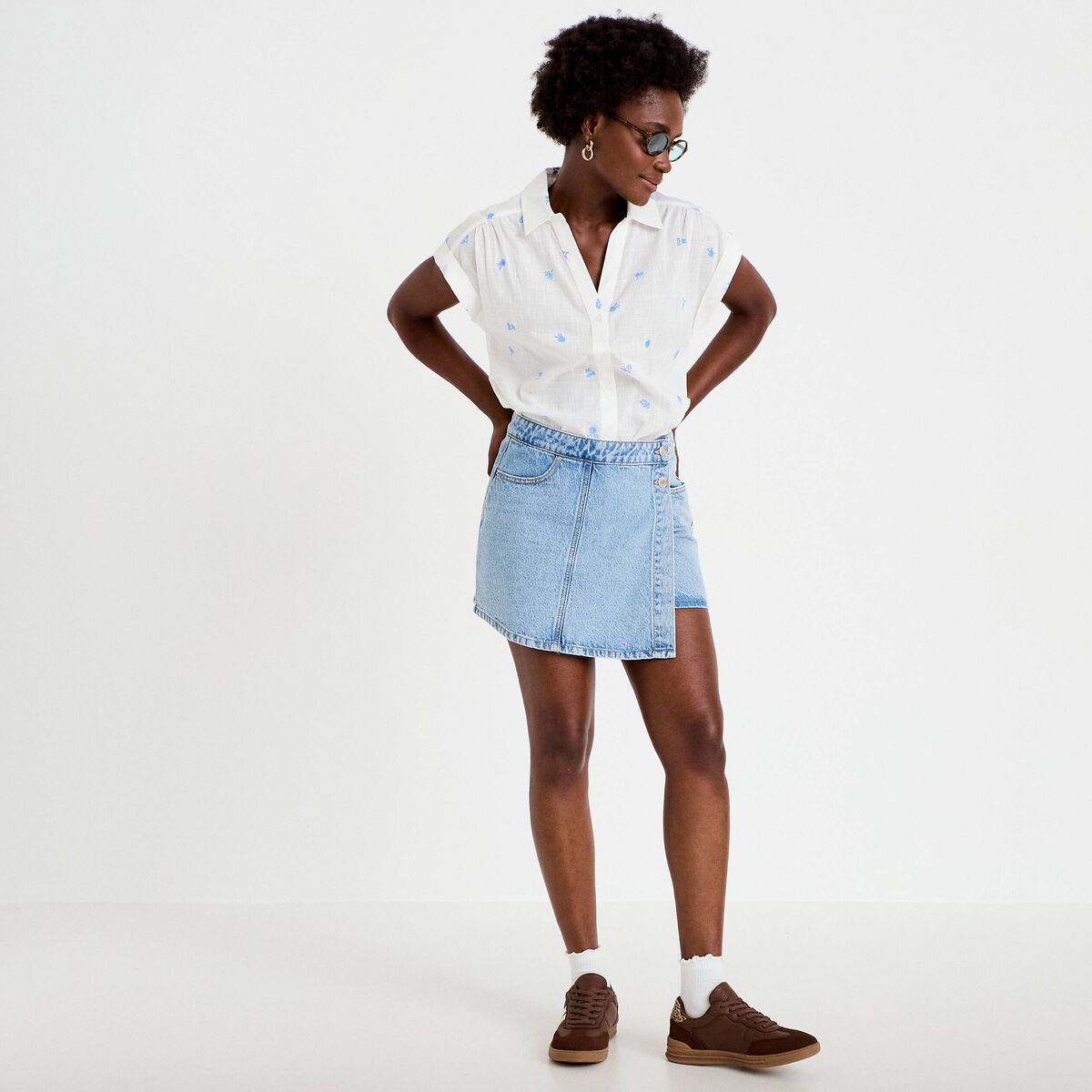 Jupe-short trap&egrave;ze en jean denim triple stone femme