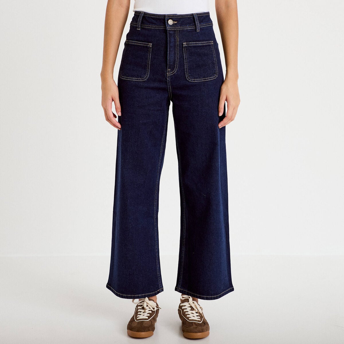 Jean wide leg cropped taille haute denim brut femme