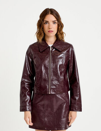 Veste droite cropped en similicuir violet fonc&eacute; femme