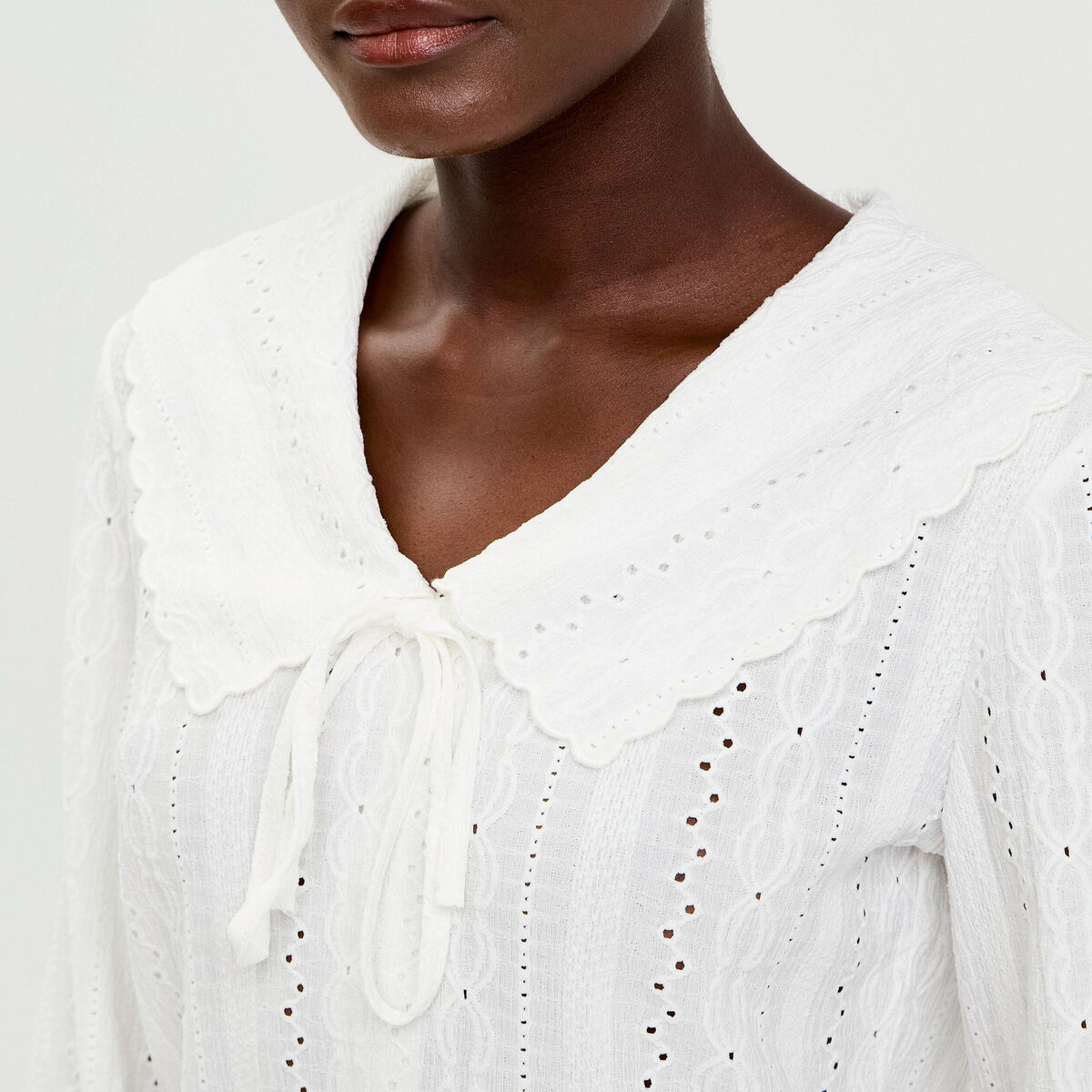 Blouse ajour&eacute;e col claudine dentelle ecru femme