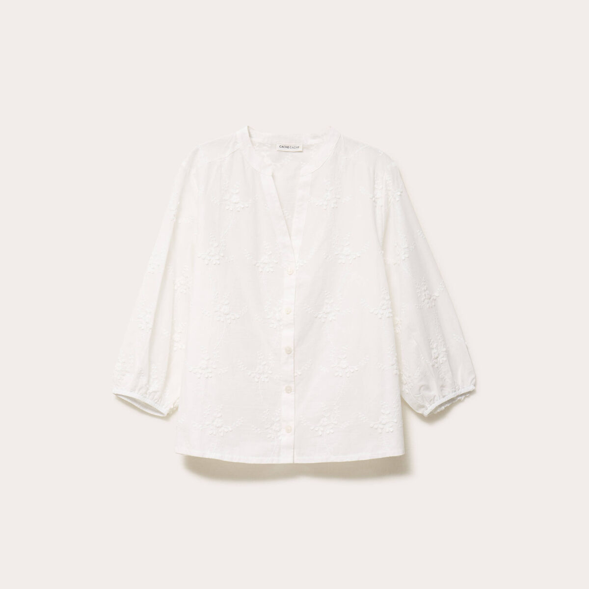 Blouse brod&eacute;e col mao manches 3/4 ecru femme