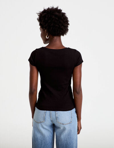 T-shirt ajust&eacute; col v manches courtes noir femme