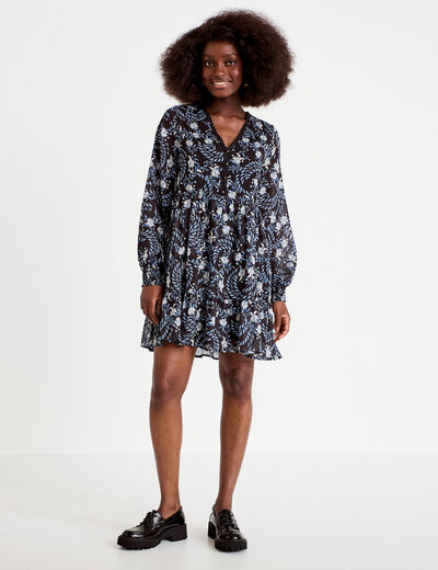 Robe droite col v manches longues noir femme