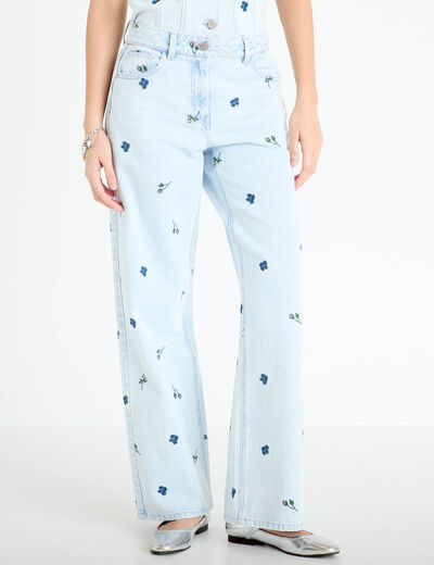 Jean wide leg brod&eacute; Bridgerton bleu clair femme