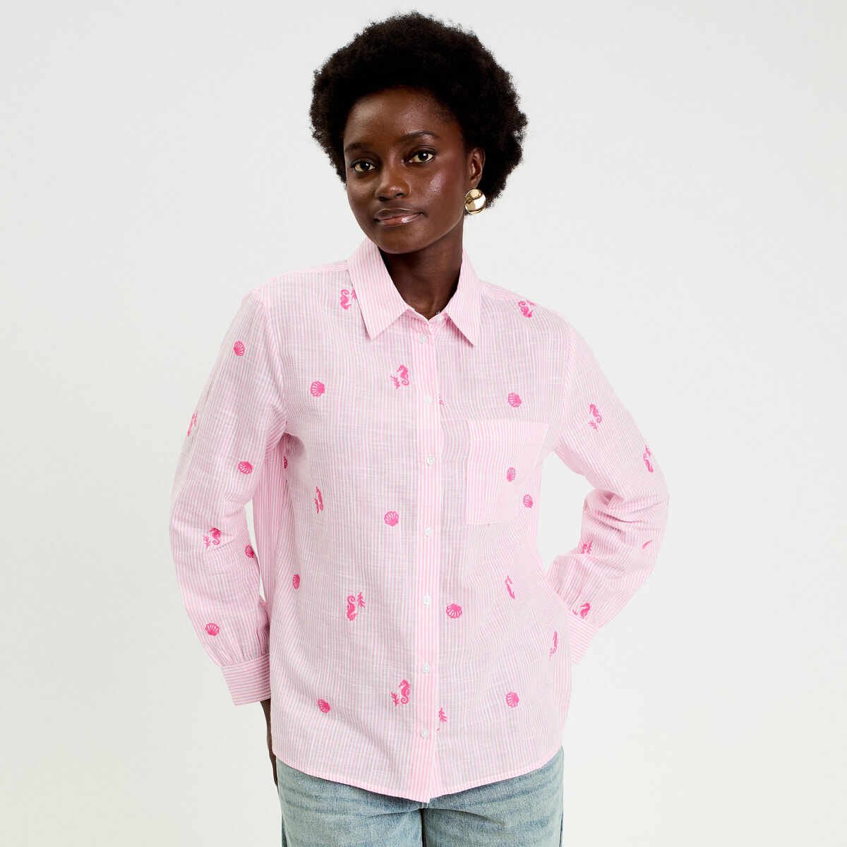 Chemise brod&eacute;e manches longues blanc femme