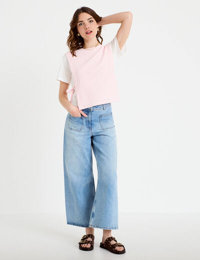 T-shirt 2-en-1 col rond manches courtes rose clair femme