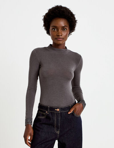 T-shirt ajust&eacute; col roul&eacute; dentelle gris fonc&eacute; femme