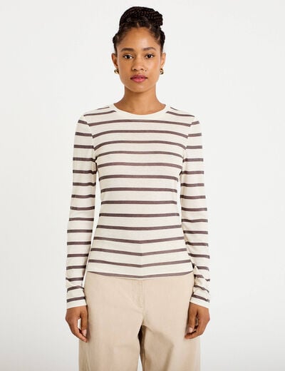 T-shirt ajust&eacute; col rond manches longues ivoire femme