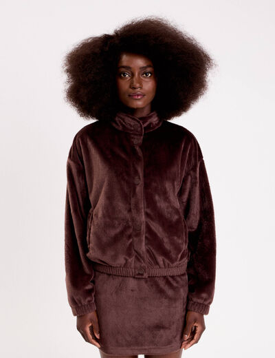 Veste fausse fourrure marron fonc&eacute; femme