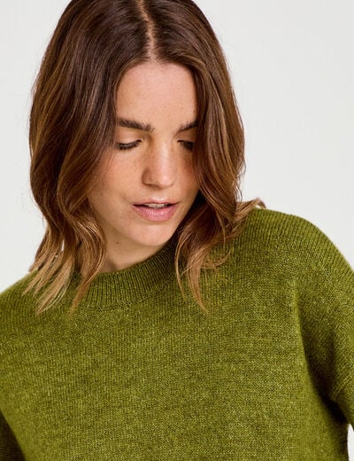 Pull col rond manches longues vert fonc&eacute; femme