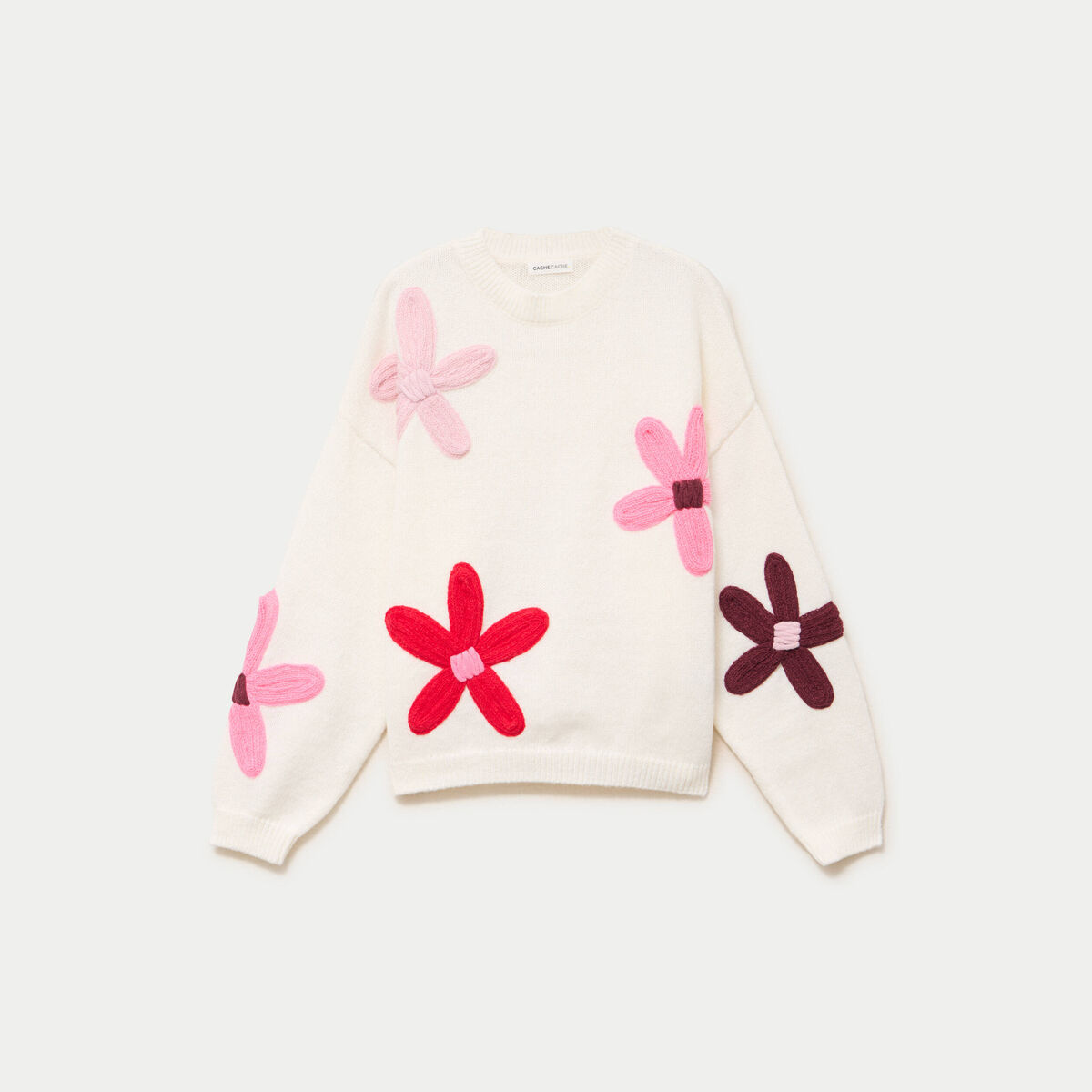 Pull oversize col rond manches longues ecru femme