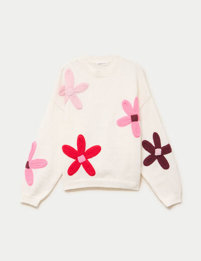 Pull oversize col rond manches longues ecru femme