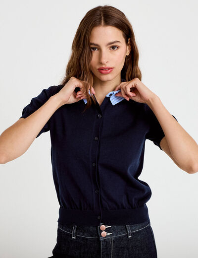 Polo col chemise manches courtes bleu marine femme