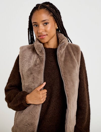 Veste sans manches fermeture zipp&eacute;e taupe femme