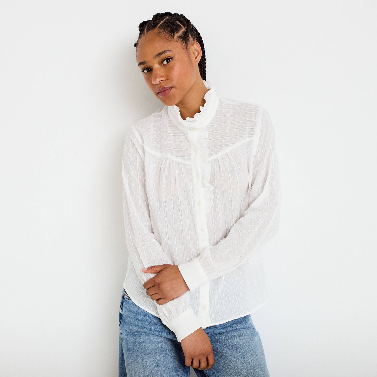 Chemise col montant manches longues ecru femme