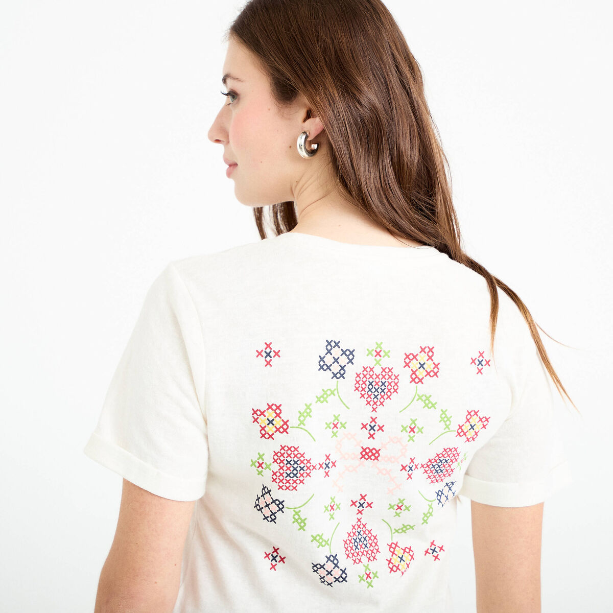 T-shirt col rond manches courtes ecru femme