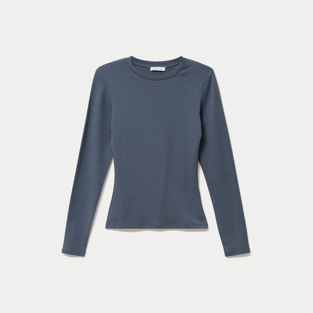 T-shirt cintr&eacute; col rond manches longues gris femme