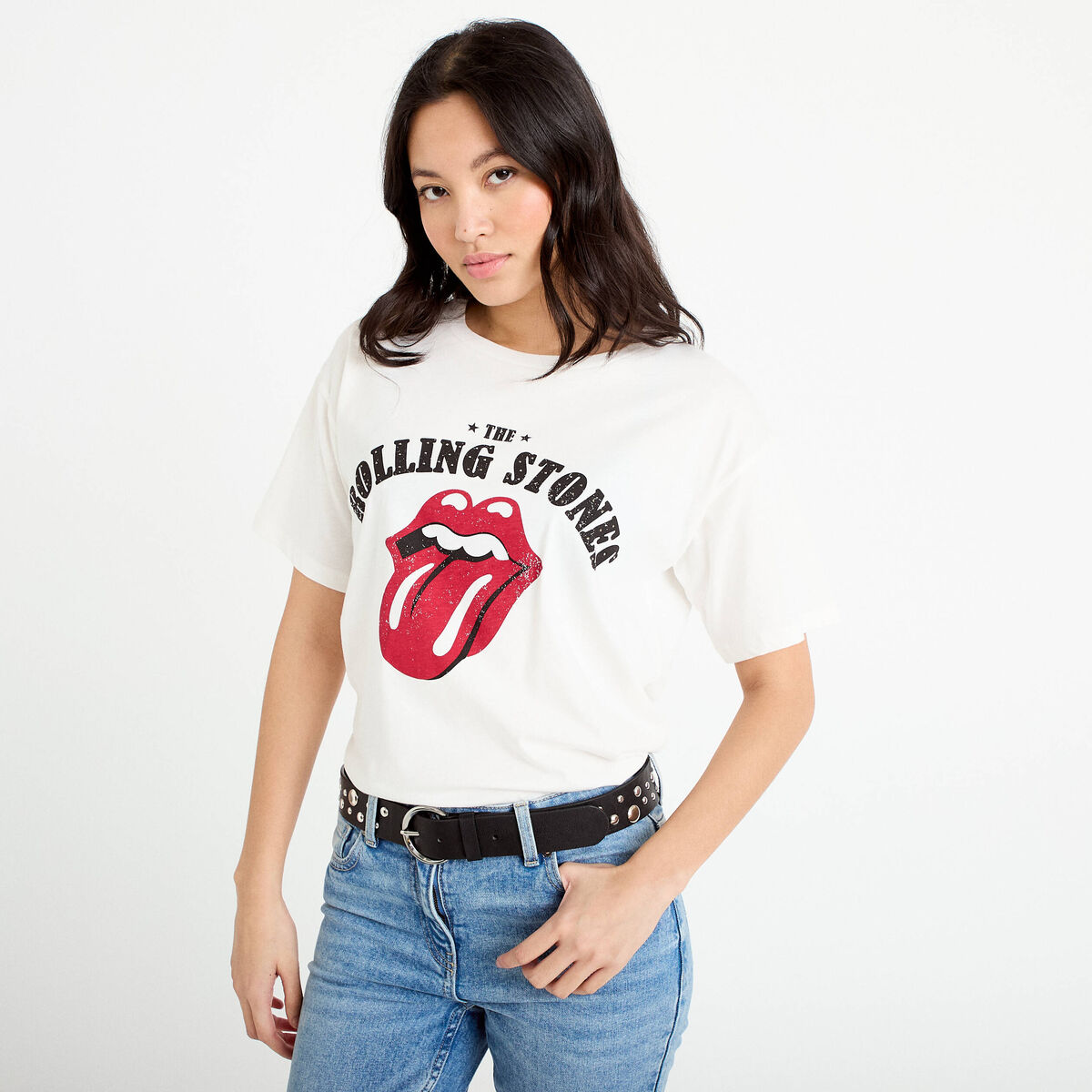 T-shirt oversize col rond rolling stones ecru femme