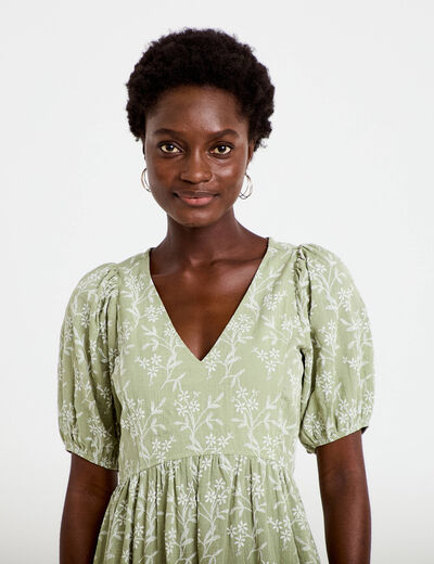 Robe droite courte col v manches courtes vert femme
