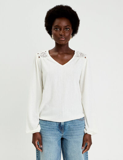 Blouse macram&eacute; bas &eacute;lastiqu&eacute; ecru femme