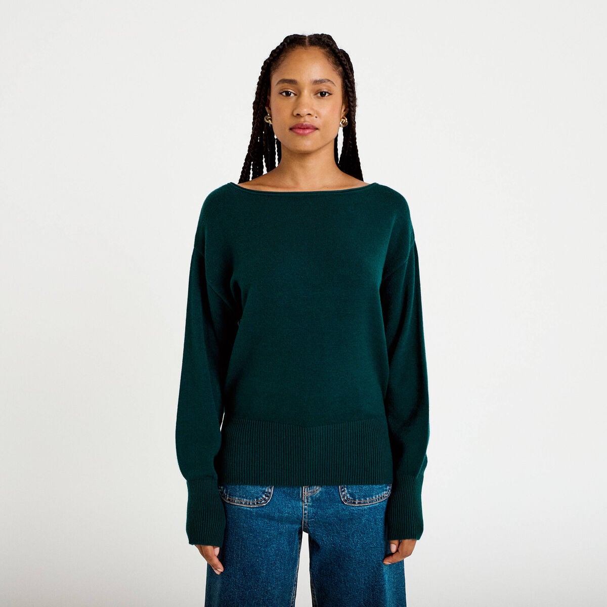 Pull oversize col bateau manches longues vert fonc&eacute; femme