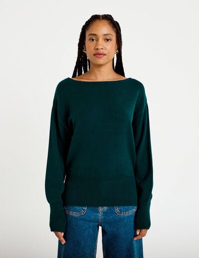 Pull oversize col bateau manches longues vert fonc&eacute; femme