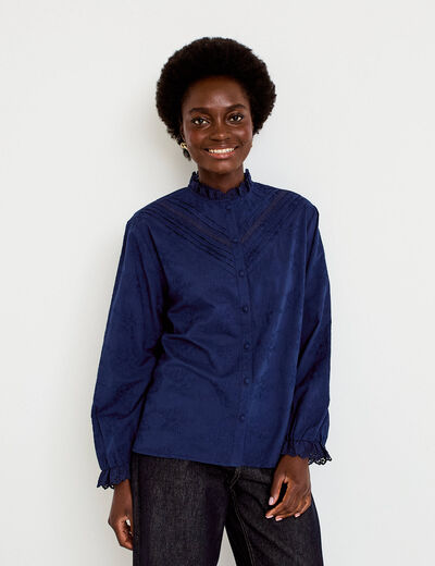 Blouse ample col montant manches longues bleu marine femme