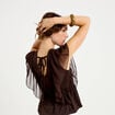 Blouse d&eacute;collet&eacute; voile manches courtes marron fonc&eacute; femme