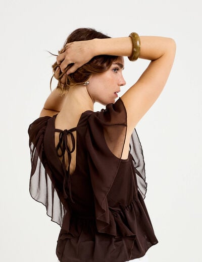 Blouse d&eacute;collet&eacute; voile manches courtes marron fonc&eacute; femme