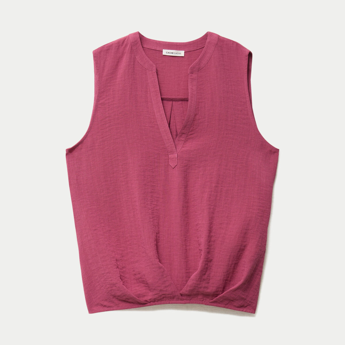 Blouse sans manches col tunisien pliss&eacute; prune femme