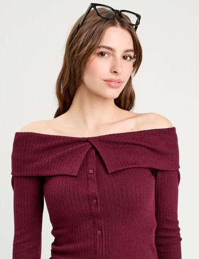 T-shirt c&ocirc;tel&eacute; col bardot violet fonc&eacute; femme