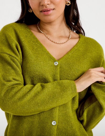 Gilet boutonn&eacute; avec col en V vert fonc&eacute; femme