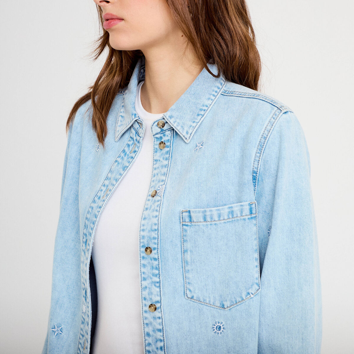 Chemise droite courte manches longues bleu femme