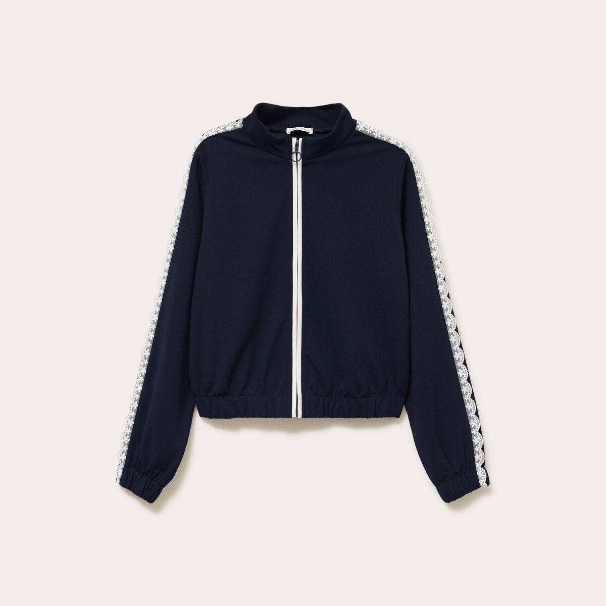 Veste zipp&eacute;e d&eacute;tail dentelle bleu marine femme