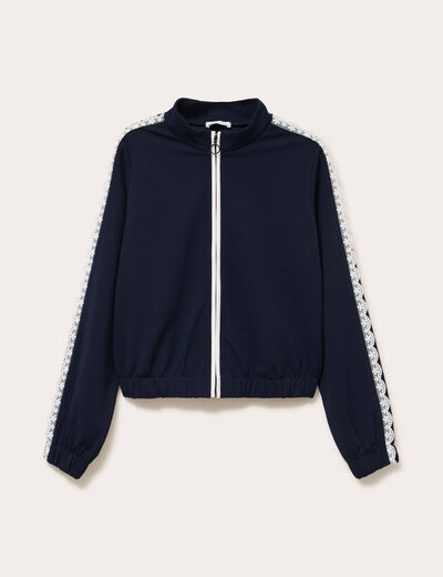 Veste zipp&eacute;e d&eacute;tail dentelle bleu marine femme