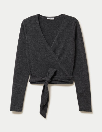 Cache-coeur droit manches longues gris fonc&eacute; femme