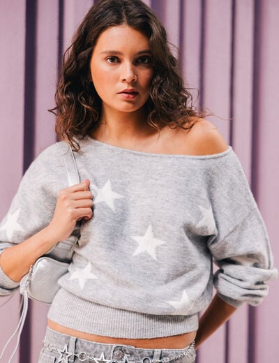 Pull col bateau manches longues gris clair femme