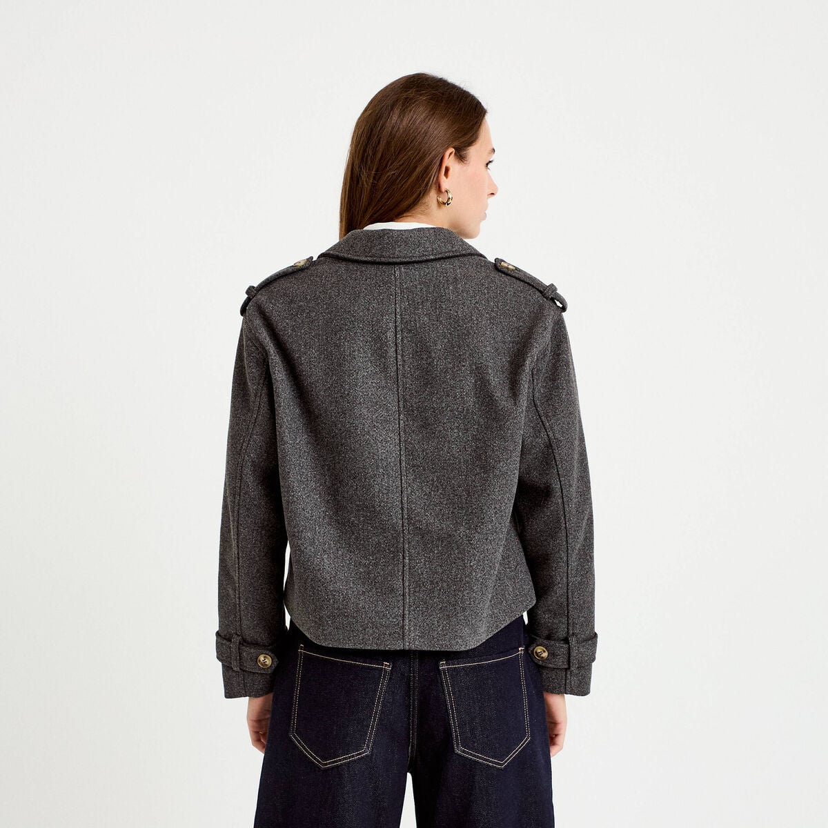 Trench droit court col tailleur gris femme