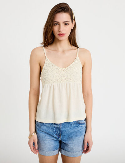 D&eacute;bardeur bi-mati&egrave;re macram&eacute; ecru femme