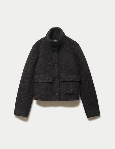 Veste droite bouclette col montant gris fonc&eacute; femme