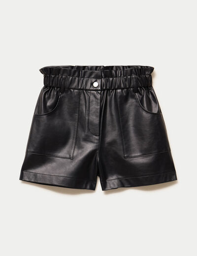 Short large taille haute en similicuir noir femme