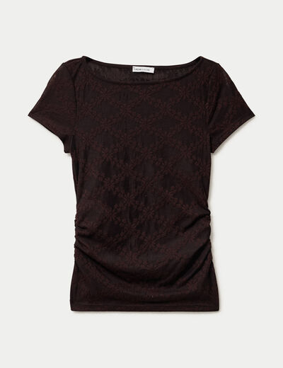 T-shirt ajust&eacute; dentelle col bateau marron fonc&eacute; femme
