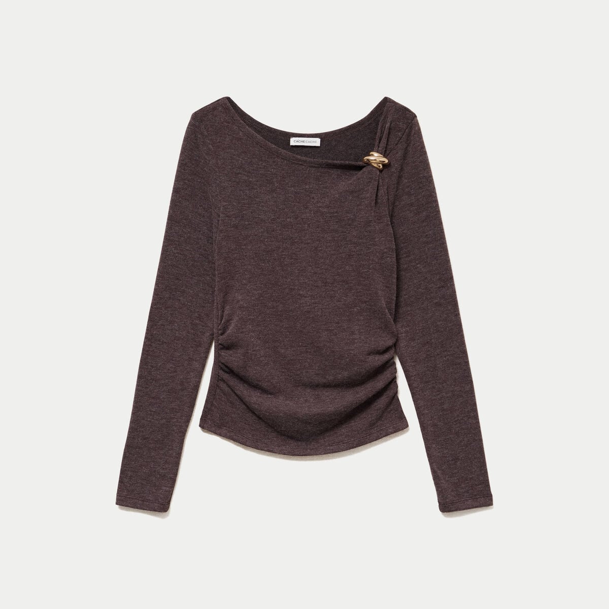 Top cintr&eacute; col bateau manches longues marron fonc&eacute; femme