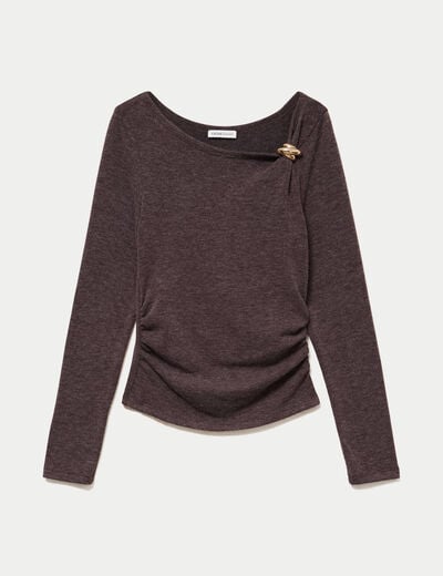 Top cintr&eacute; col bateau manches longues marron fonc&eacute; femme